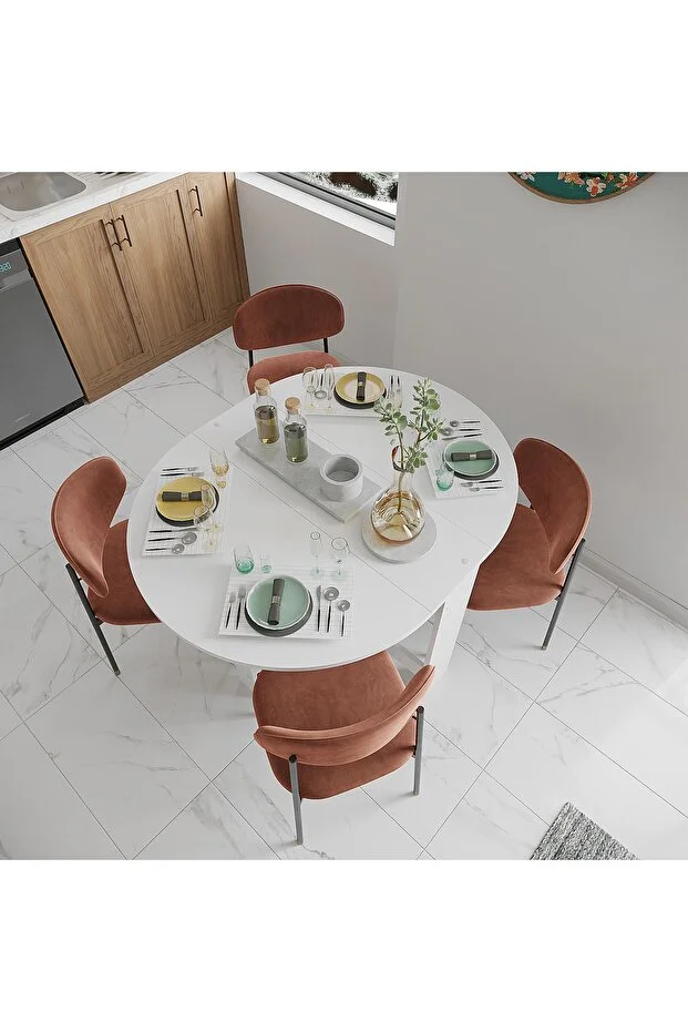 Pratik Katlanır - Açılır Kapanır Yuvarlak Mutfak Yemek Çalışma Masası - 6 Kişilik - %100 MDF